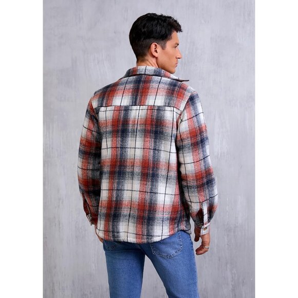 Mens Orange  Cotton Sherpa Lined Button Down Flannel Shirt Jacket Plaid Soft - Picture 5 of 7